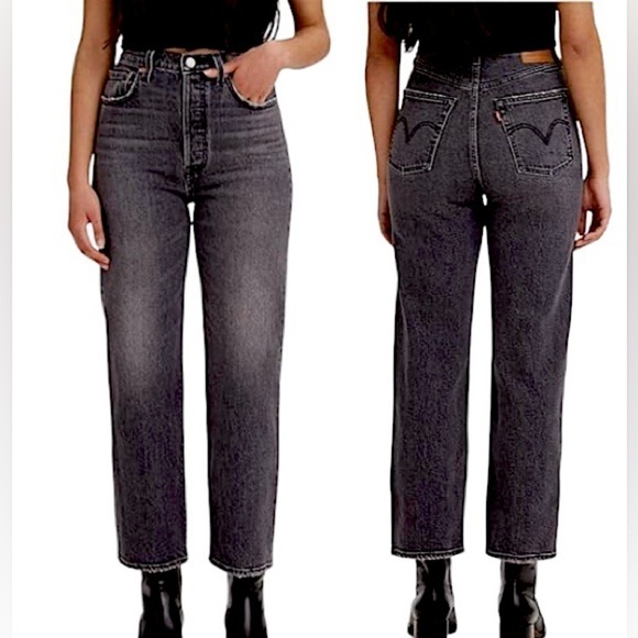 Levi's Denim - Levis Premium Ribcage Straight Black Worn Jeans Sz 24 Hi Rise Ankle Button Fly